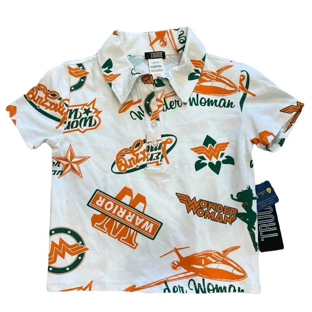 Truce Wonder Woman Girls White Cropped Polo Shirt S L XL